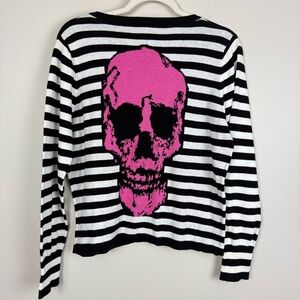 Too Fast Cardigan Sweater Womens XL Skull Cross Bones Grunge Stripes Goth Punk
